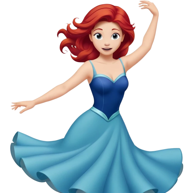 Disney human Ariel with red hair, twirling in her blue dress, excited expression emoji