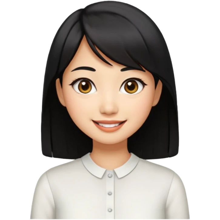 30 yr old asian woman center parted hair big eyes big smile tanned skin straight black hair hippie part hair white blouse shoulder length hair middle parted hair few short bangs at front trendy hair emoji