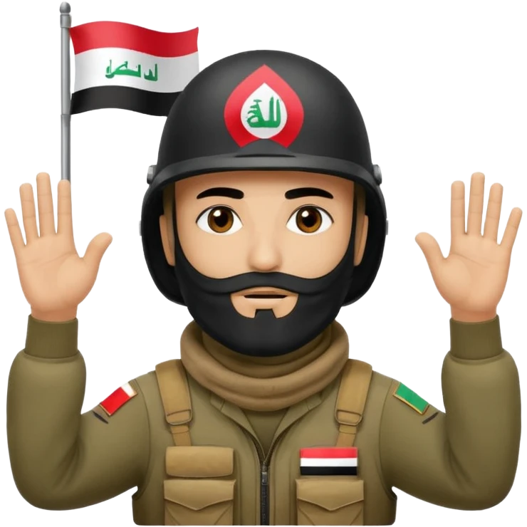 surrenders, depicts an Iraqi soldier from 1980, with a beard, in a helmet, a helmet with sign flag Iraq, with a balaclava, with sad eyes and both hands raised up emoji