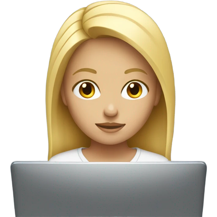 A blonde girl working on her laptop in a beige aesthetic setting.  emoji