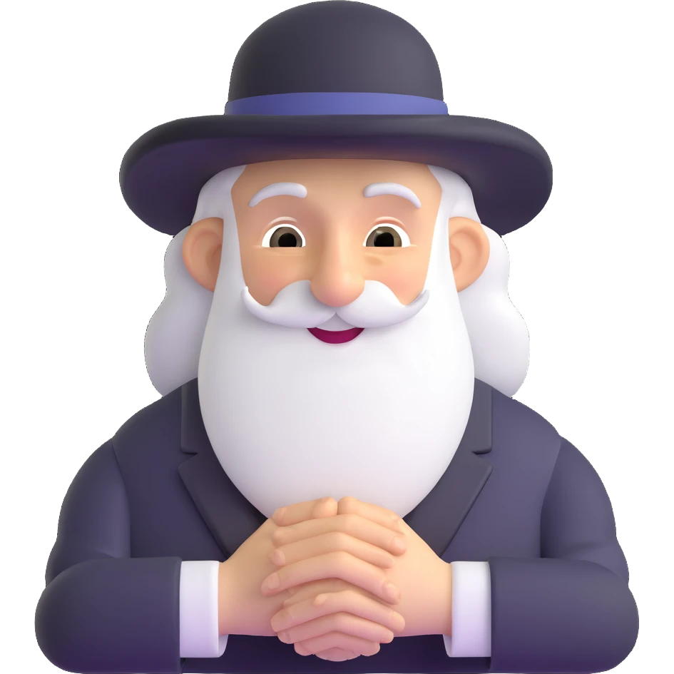 rabbi with a mischievous grin, rubbing hands together, cartoonish and lighthearted emoji