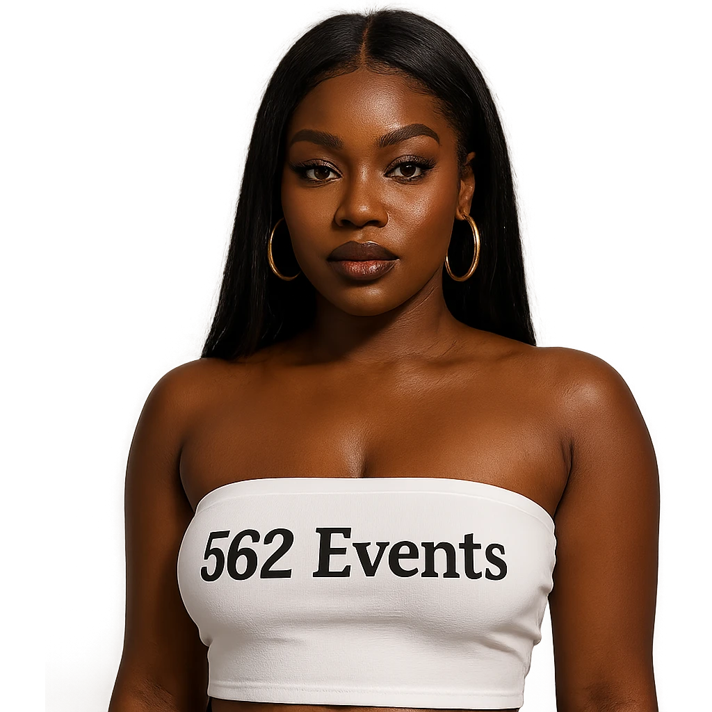 realistic black baddie wearing a white tube top with the text '562 Events' written on it emoji