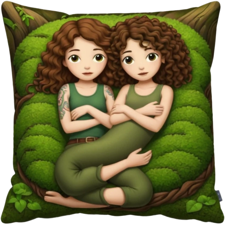 cozy moss bed — long wavy brown hair tattooed woman and short tight curly brown hair woman — curled together on moss pillow sleepy emoji