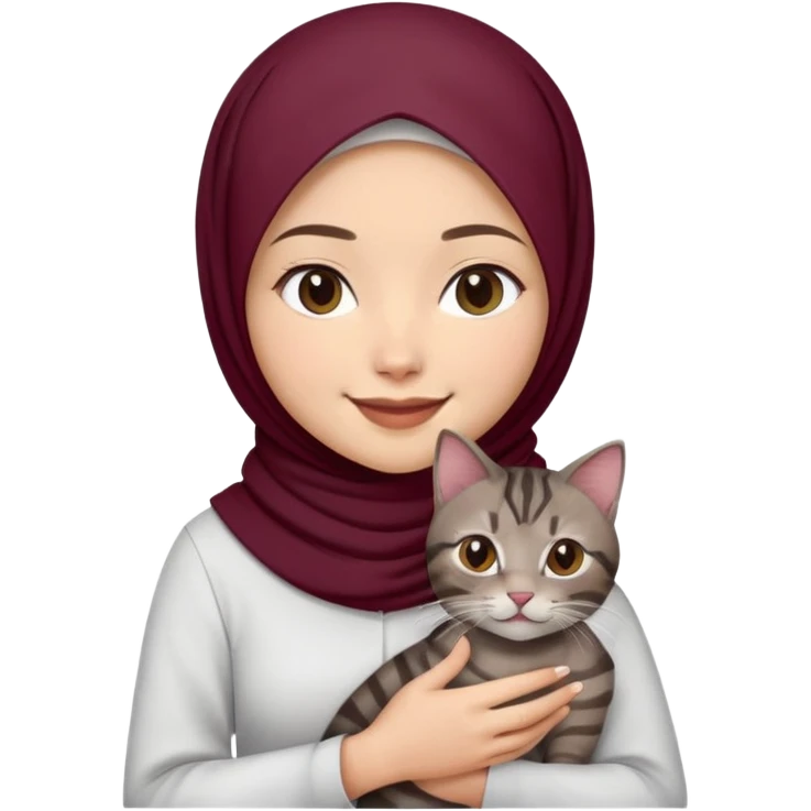 Asian white Girl wearing dark maroon hijab with white shirt smiling while holding a black brown grey tabby cat emoji