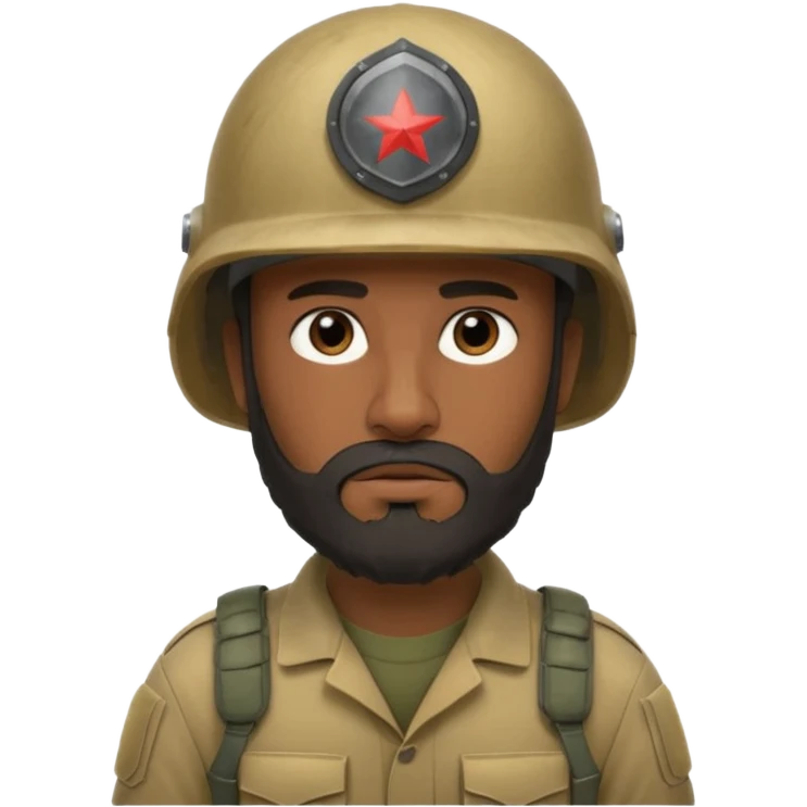 very tired, dark, Iraqi soldier in a helmet, helmet without insignia, with a beard emoji