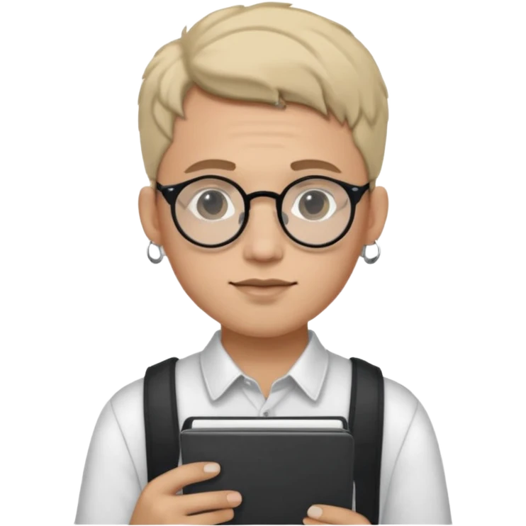 A man in his 20s wearing an apnotebook, wearing radio earrings, round glasses, achromatic clothes emoji