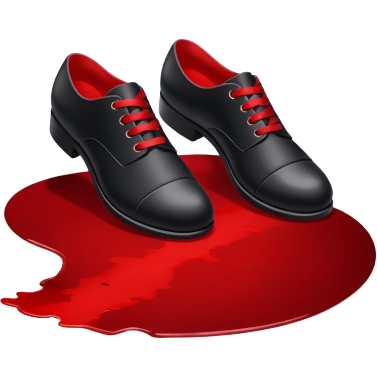 Minimalist emoji-style sticker of two black shoes standing on a red carpet that fades into a bloodstain. Flat, frontal design, simple icon composition. emoji