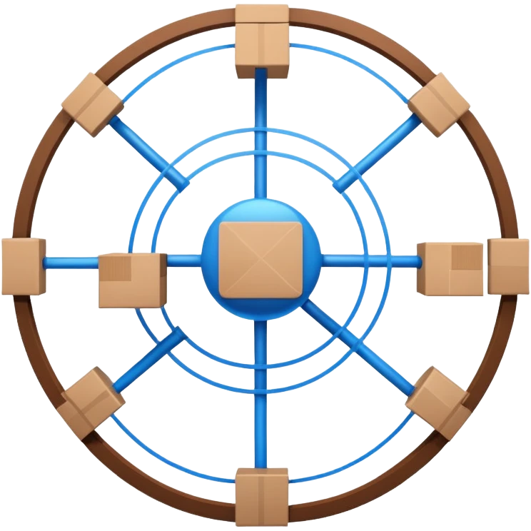 network in a circle form with blue lines and realistic brown boxes at intersection points emoji
