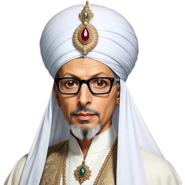 Jeff Goldblum no glasses as a regal portrait dressed as _cinematic-realistic-portrait-of-suleiman-the-magnificent,-depicted-as-a-regal-ottoman-sultan-adorned-with-a-large,-white,-round,-tall-turban-and-a-majestic-grey-beard,-his-commanding-gaze-bathed-in-warm,-historic-lighting-that-exudes-timel emoji