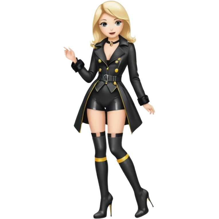 Create an female emoji with stockings and garter belt wearing a shiny wetlook coat and shiny high heel boot that go below the knee the boots should not go over the knee, the boots should have a very high and thin heel, garter belts should hold the stockings emoji