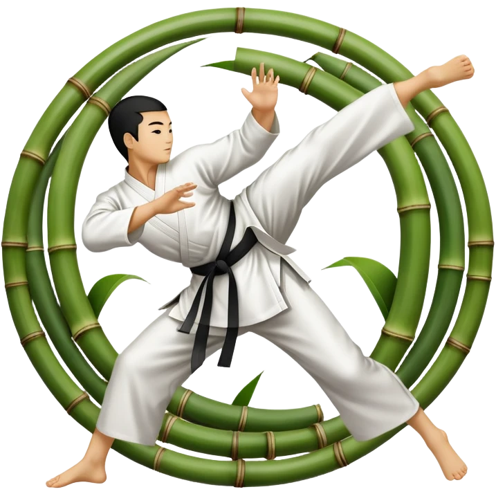 An icon symbolizing Eastern martial arts in the style of an emblem, featuring a black-and-white Yin-Yang symbol at the center. A martial artist performs a fluid kick, surrounded by traditional elements like bamboo and a dojo. Transparent background highlights balance and harmony. emoji