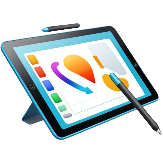 Computer graphics, digital art tools, graphic tablet, stylus, vibrant colors, smooth lines, modern design elements, minimalistic, on a white background, no extra details. emoji