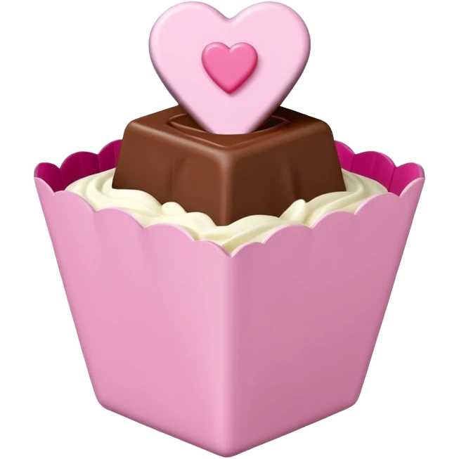 Two square milk chocolate , Each praline is a sharp-edged cube with smooth glossy chocolate coating, placed in a small white fluted paper candy cup. On top of each cube is a flat pastel pink heart-shaped icing emoji