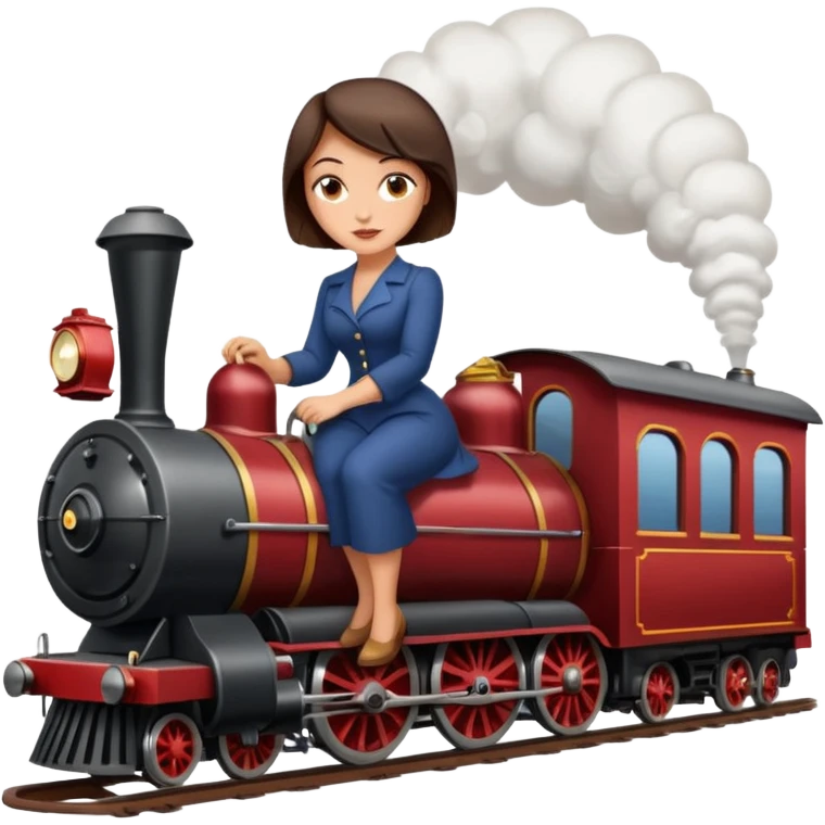 Pretty, sexy, slightly curvy white woman with short dark brown hair, riding a steam train emoji