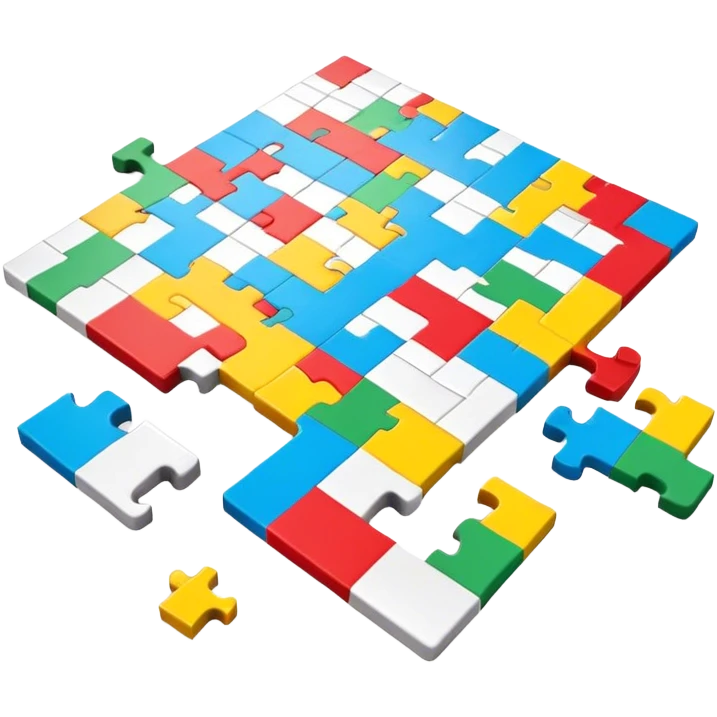 A photorealistic icon with a colorful, fragmented puzzle piece, a crossword magazine, a 3D puzzle, and a partially completed puzzle on a table. Bright, detailed design with realistic lighting. Transparent background, clearly symbolizing puzzles and brain games. emoji