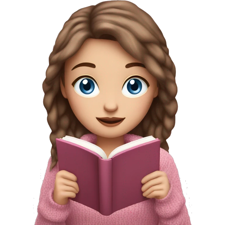 Pretty white girl with BLUE eyes and brown hair in pink cozy sweater reading book emoji