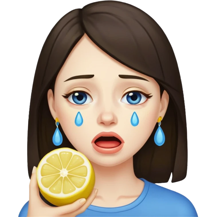 woman crying eating lemon. make tears blue color and brunette emoji