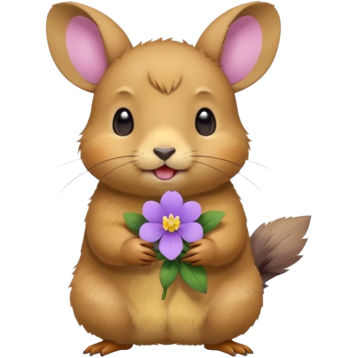 small round pika carrying little light purple flower in mouth emoji