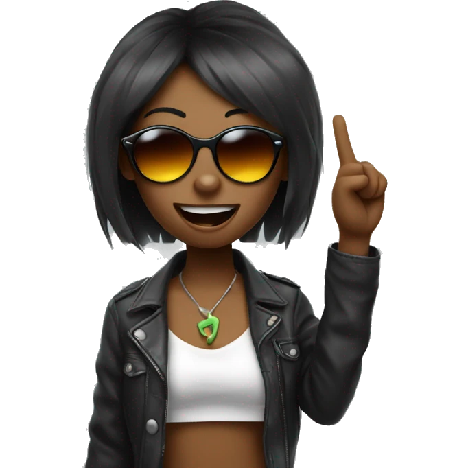 girl with sunglasses sticking out their tongue like a heavy metal guy and holding up the ILY hand sign emoji