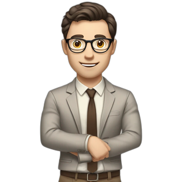 Pale skinned fit man with dark brown hair in gray jacket, beige office shirt, brown tie, brown pants and vintage glasses Writing text on the flipchart emoji