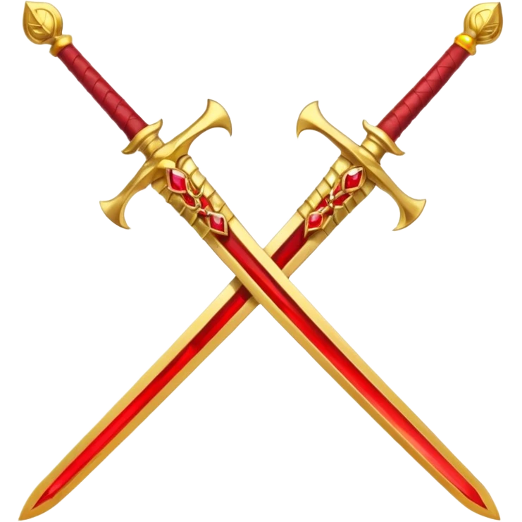 Two crossed swords that are golden in blade and handle and have fiery and royal appearence to them as well as red gem stones yellow in color emoji