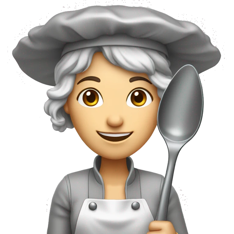 A full scale lady with a cooking hat and giant cooking spoon her hair is grey, and she stands in front of the camera and smiles emoji