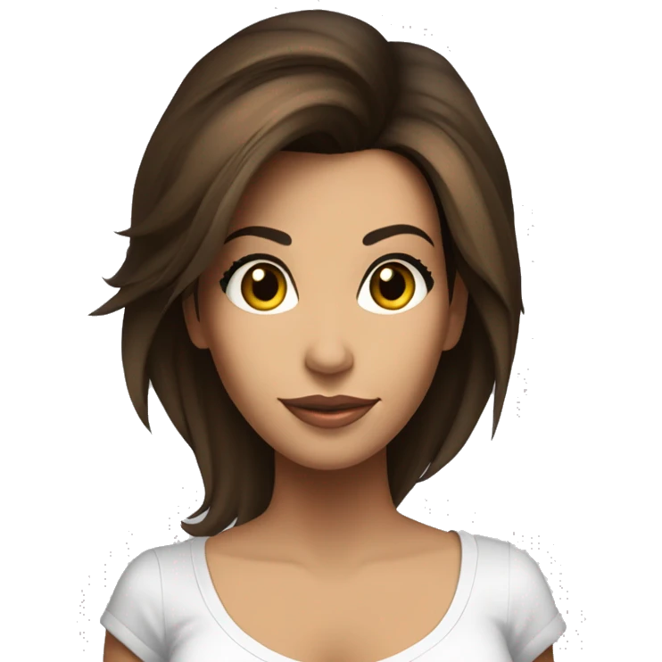 3/4 face, contrasted, shadow, light, Eva Longoria expression, standing, thin nose, brunette woman, hazel eyes, long eyelashes, dark shoulder shaded hair, white t-shirt, jeans, white sneakers emoji