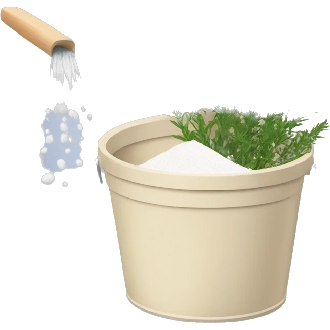 washing powder in a beige bucket with medicinal herbs emoji