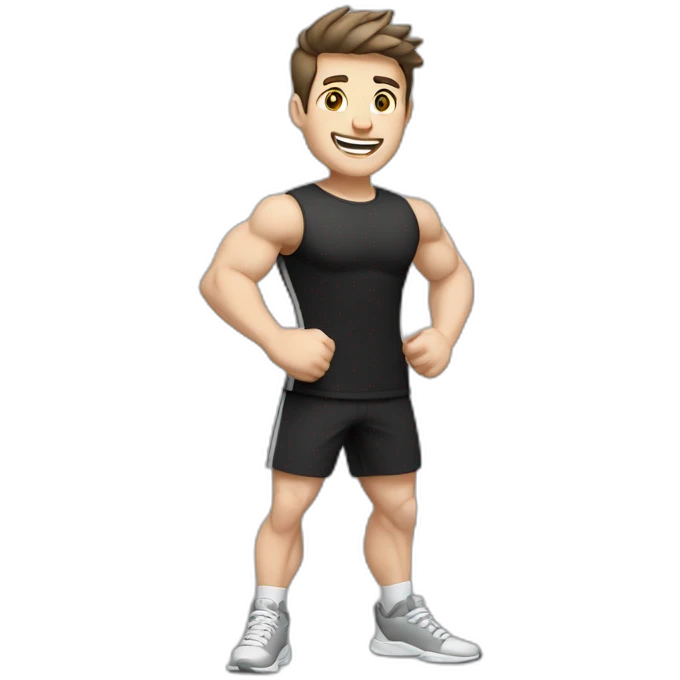 Joyful Celebrating victory Pale skinned Fit Man With the biceps and dark brown hair in black shirt, gray sports shorts and white Sneakers emoji