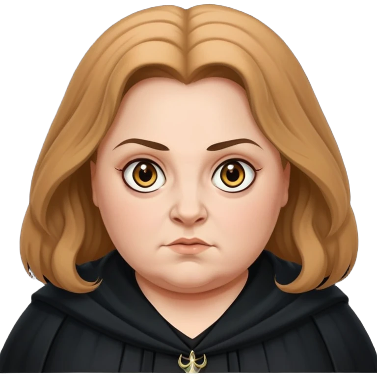 Alecto Carrow in harry potter, a woman fat, light brown tied hair, look evil, black cloak emoji