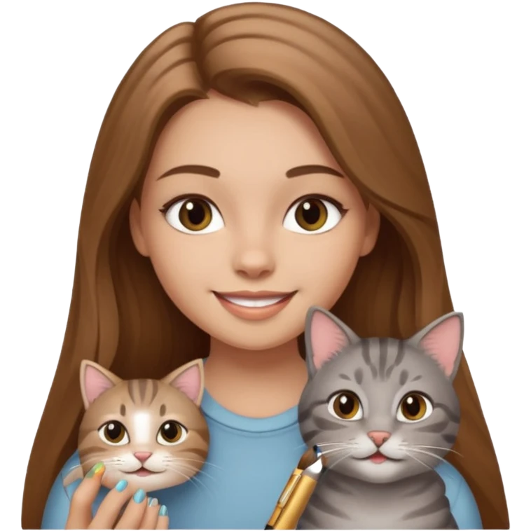 A image of a girl with light long brown hair doing her makeup with her grey tabby cat. She is smiling emoji