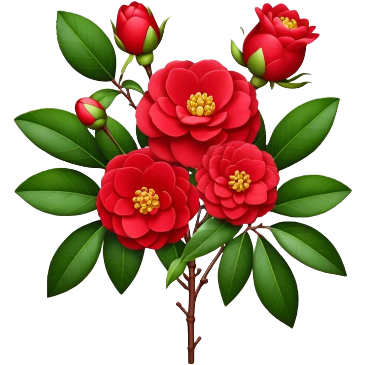 bouquet Red Camellia, luxuriant, stem, leaf, bud emoji