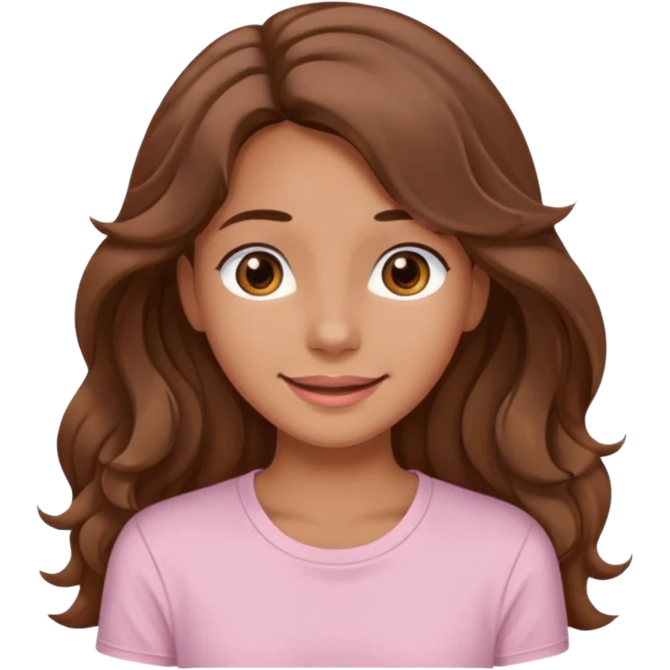 A pretty girl with tan skin and long brown wavy hair, wearing a very light pink basic shirt with brown eyes and a closed mouth smile emoji