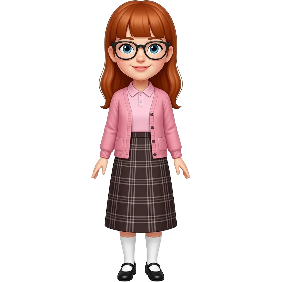 a woman with fair skin, long red hair, straight bangs, blue eyes, wearing black glasses, a light pink polo shirt under a pink cardigan, a dark brown long a-line skirt with gray tartan lines and white knee-high socks over black flats emoji