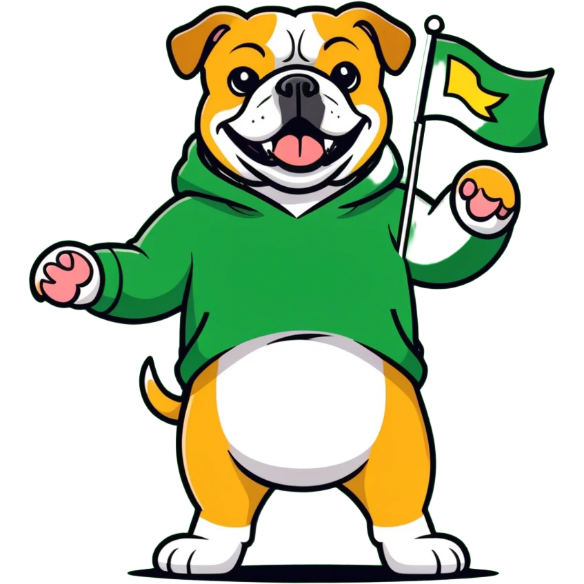 A bulldog wearing a green sweatshirt holding a little green flag emoji