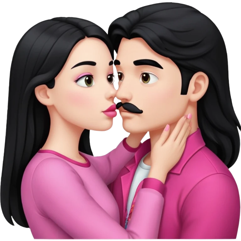 White boy with black mustache kissing white girl with long black hair in pink clothes emoji