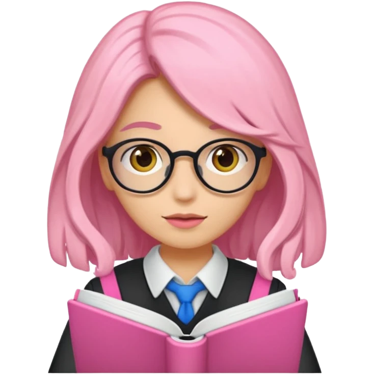 Estudante de cor parda,com o cabelo loiro , e de óculos segurando um caderno rosa emoji