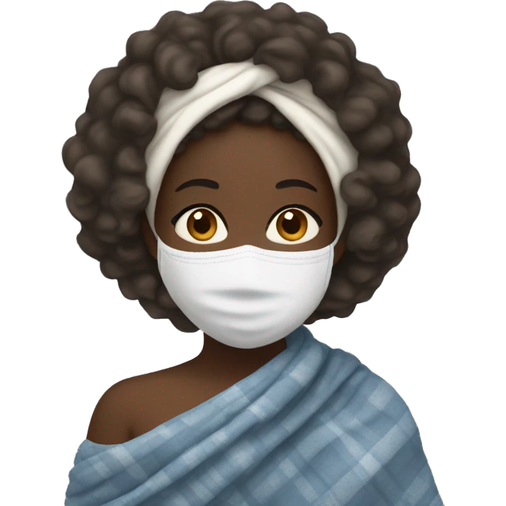 a black girl with curly hair wrapped in a blanket with a cup of tea and a white facial mask on emoji