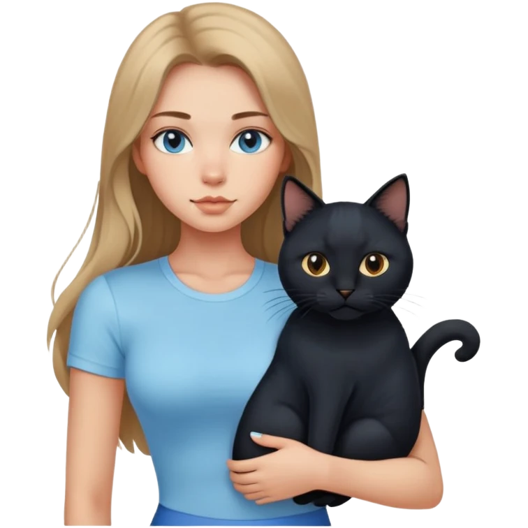 A sexy girl with long hair wearing a light blue tight short-sleeved shirt holding a black cat emoji