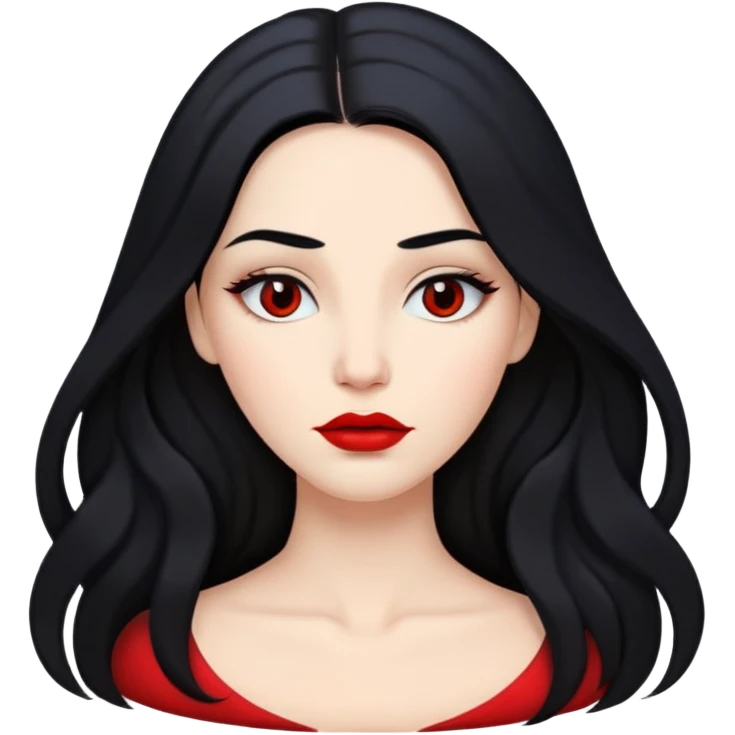 Mulher, com cabelo preto longo, partido no meio, cor da pele clara mediana, com a boca um pouco carnuda, vermelha, sobrancelhas leves arqueadas emoji