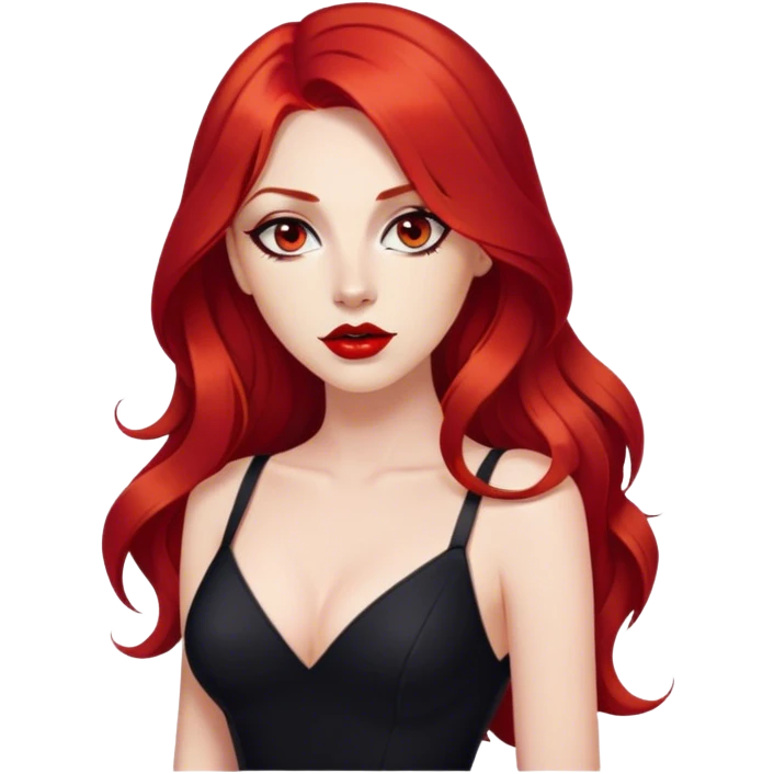 a crying woman with long red hair and red eyes. The woman wear a black little cutted dress. She have red lipstick and she have a seductive look.  emoji
