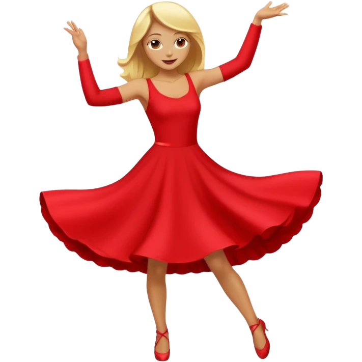 a yellow-blonde woman dancing wearing a red dress, in flat emoji / Apple style, smooth shapes, glossy highlights, bright saturated colors, simple features, minimal details, no outlines, red clothes flowing, joyful pose
 emoji