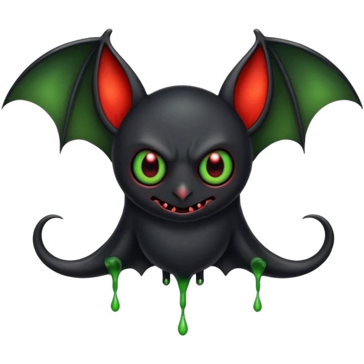 an all black bat-like creature. One cyclopian red eye in its face. no visible mouth or ears. has a long tale with a stinger that drips green poison emoji
