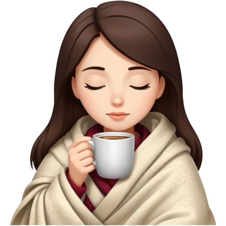 Brunette girl wrapped in cozy blanket sipping hot coffee with eyes closed emoji