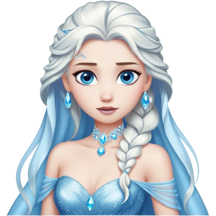 Cinematic Elegant Snow Queen Portrait Emoji, rendered in a realistic, vector-style with minimal shading and bold, simplified shapes. Depict Elsa (chest and above) with icy pale skin, long flowing platinum hair, and piercing blue eyes that exude quiet power, dressed in a shimmering ice-blue gown. The image glows with a soft, frosty radiance and high shine, capturing her ethereal, regal beauty. emoji