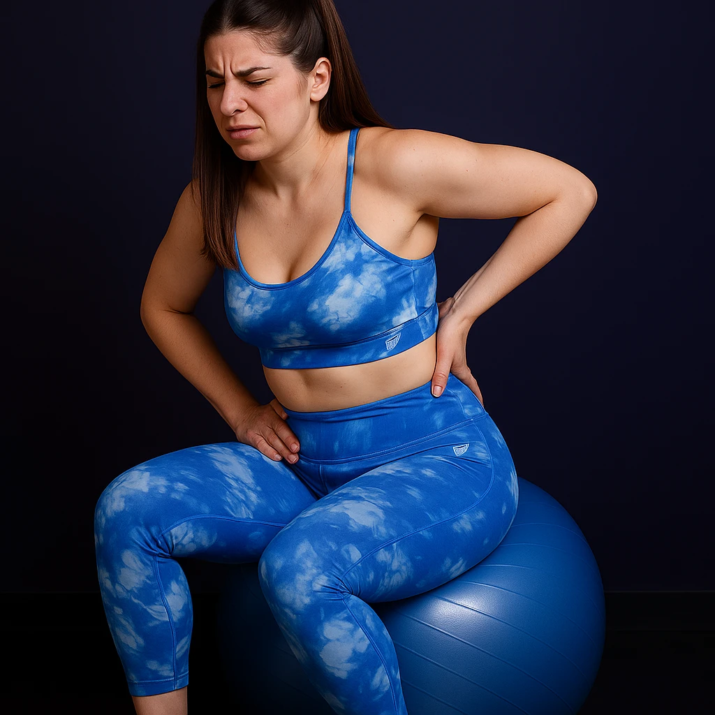 Slim woman in 4K, sitting on an exercise ball, trying to stretch her back but stopping, one hand on lumbar area and the other on hip, tense face from pain, inspired by the reference photo. emoji