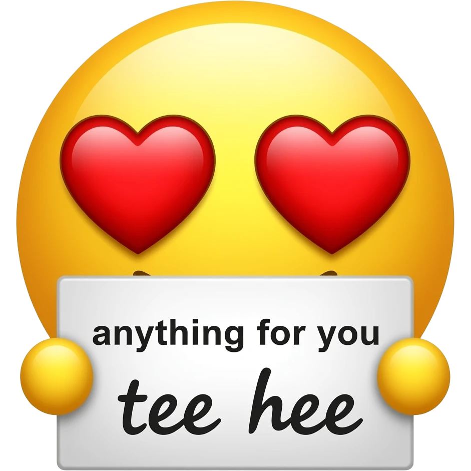 Yellow smiley in love holding up a sign sign that says "anything for you tee hee" emoji