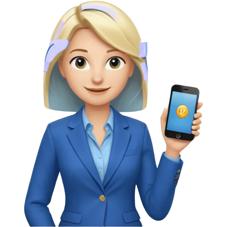Confident and outgoing female entrepreneur, Caucasian features, shoulder-length blonde hair, big friendly smile, expressive eyes, wearing a blue blazer over a light blue blouse, holding a smartphone in one hand, waist-up, front-facing emoji
