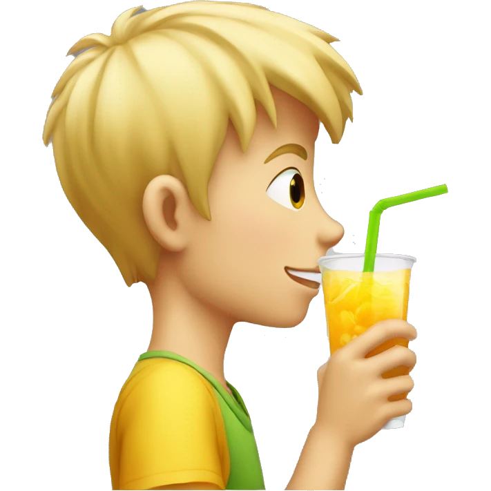 A blonde boy sucking juice with a straw while his hand is holding the drink, profile view emoji