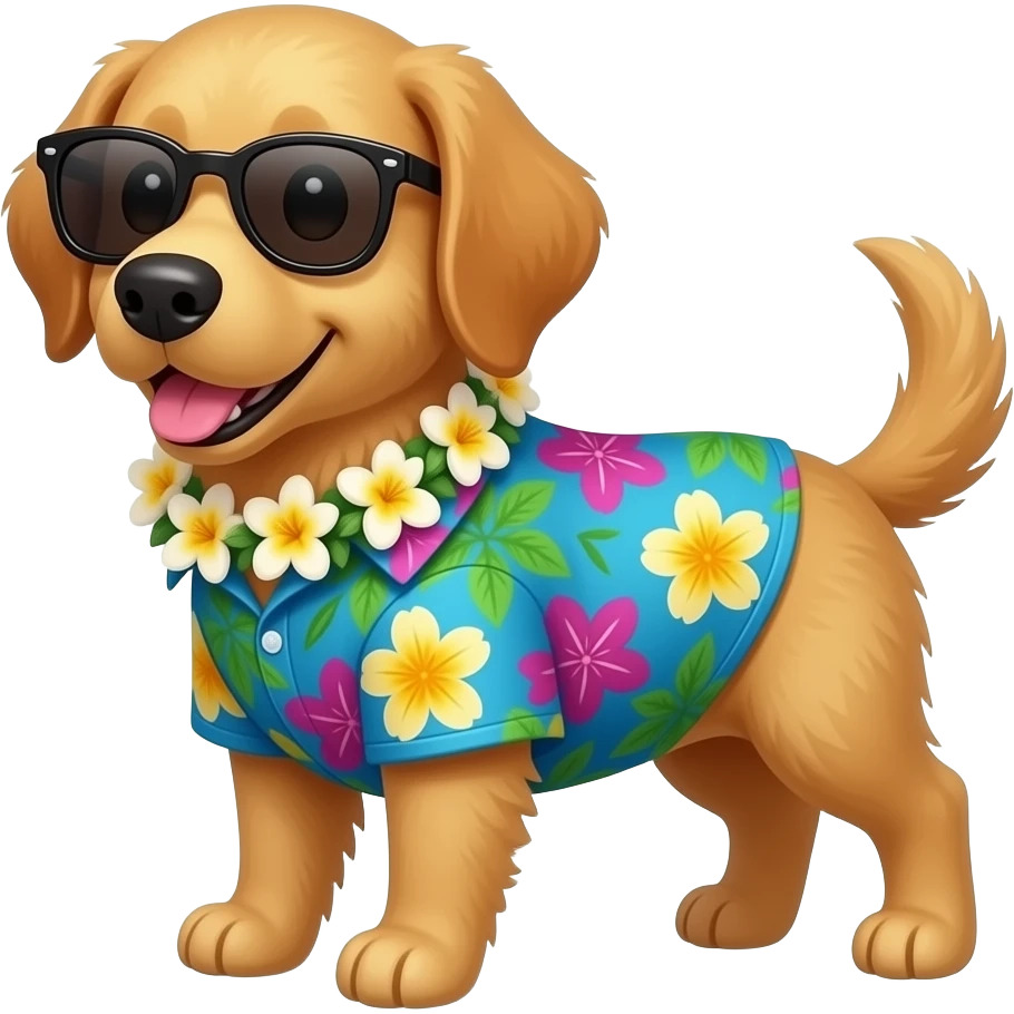Goldern Dog – wearing colorful aloha shirt and sunglass emoji